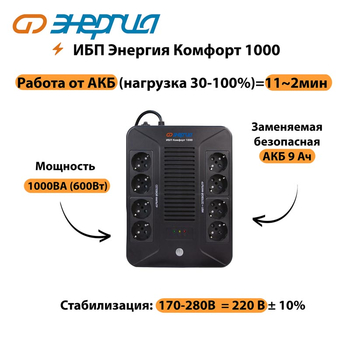 ИБП Комфорт 1000 Энергия - ИБП и АКБ - ИБП для компьютера - . Магазин оборудования для автономного и резервного электропитания Ekosolar.ru в Хабаровске